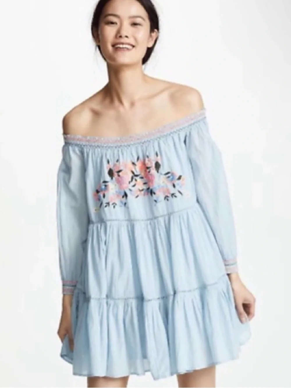 Free people sunbeam dress with off the shoulder smocked neckline & embroidered S